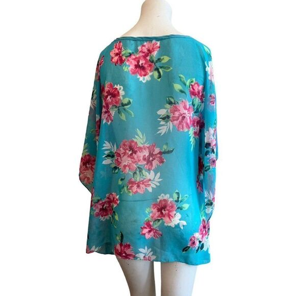 Talbots Womens Small Medium Blue Floral Dolman Sleeve Blouse Sheer Top Oversized - Picture 4 of 6
